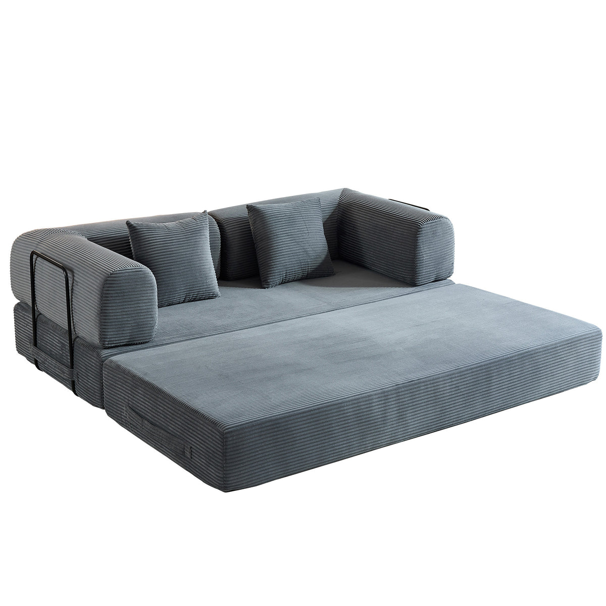 Convertible Sleeper Sofa Bed with Cylindrical Pillow, Corduroy Folding Mattress Couch with Fixed-Shape Frame, Floor Sofa Lounge Couch for Living Room Bedroom (Gray)