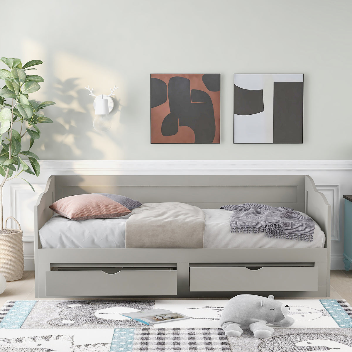 Wooden Daybed with Trundle Bed and Two Storage Drawers , Extendable Bed Daybed,Sofa Bed with Two Drawers, Gray(OLD SKU:LP000519AAE)