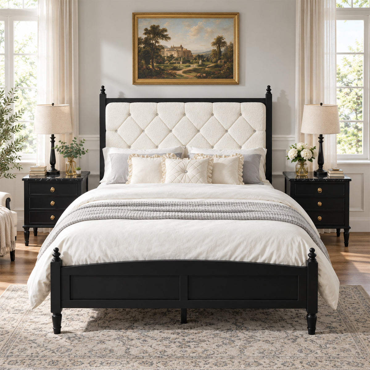 Queen Size Easy Assembly Upholstered Platform Bed Frame with Soft Padded Headboard, Sturdy Noise-Free Metal Support Beige+Black.
