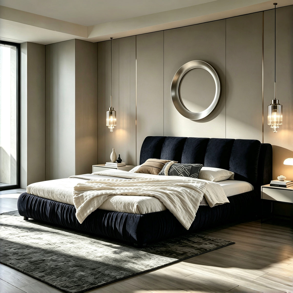 King Size Upholstered Bed Frame, Modern Minimalist Style with Segmented Plump Compressed Sponge Headboard, Shiny velvet & Sturdy Leg Support, Mattress Not Included-Black