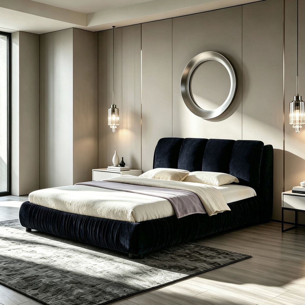 Queen Size Upholstered Bed Frame, Modern Minimalist Style with Segmented Plump Compressed Sponge Headboard, Shiny velvet & Sturdy Leg Support, Mattress Not Included-Black