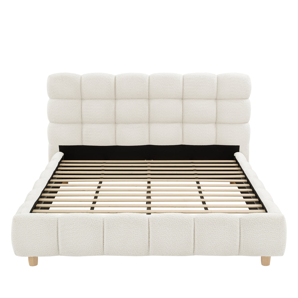 Pula Queen Bed Frame with Upholstered Headboard in Ivory Boucle, Solid Wood Legs, Wood Slat Support, No Box Spring Needed, Modern Platform Bed