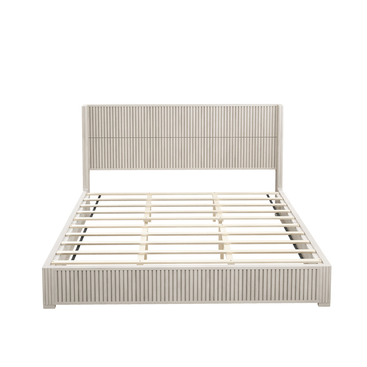 Beige Solid Wood Platform Bed Frame with Headboard, King Size, No Box Spring Needed, Easy Assembly, Floor-standing Design