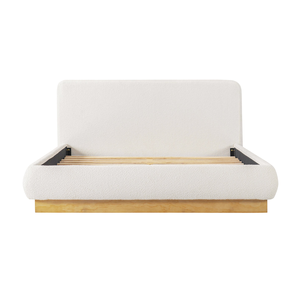 Queen Size White Bouclé Upholstered Platform Bed Frame with Oversized Padded Headboard, Solid Rubber Wood Base, Heavy-Duty 800 LBS Support, No Box Spring Required