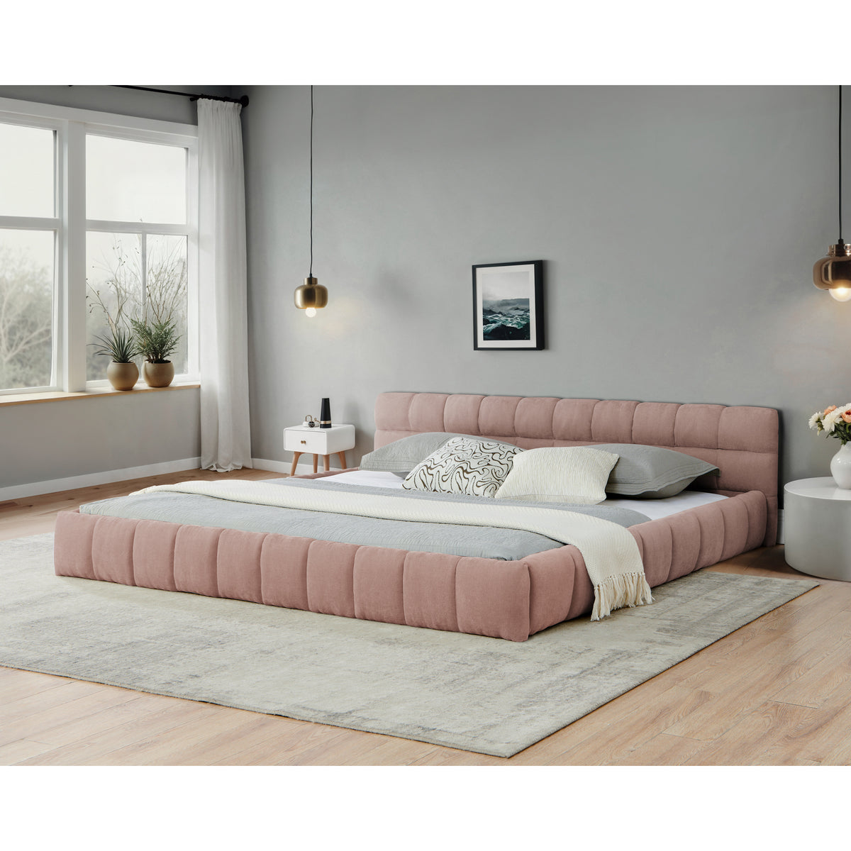California King size Upholstered Bed Frame with Thick Fabric, Chenille Fabric Grounded California King Platform Bed with Headboard and Solid Frame. No Box Spring Needed-Pink