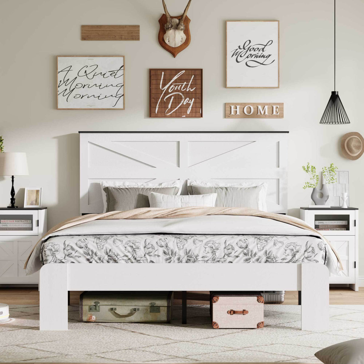 Full Bed Frame Headboard , Wood Platform Bed Frame , Noise Free,No Box Spring Needed and Easy Assembly Tool,Large Under Bed Storage,White