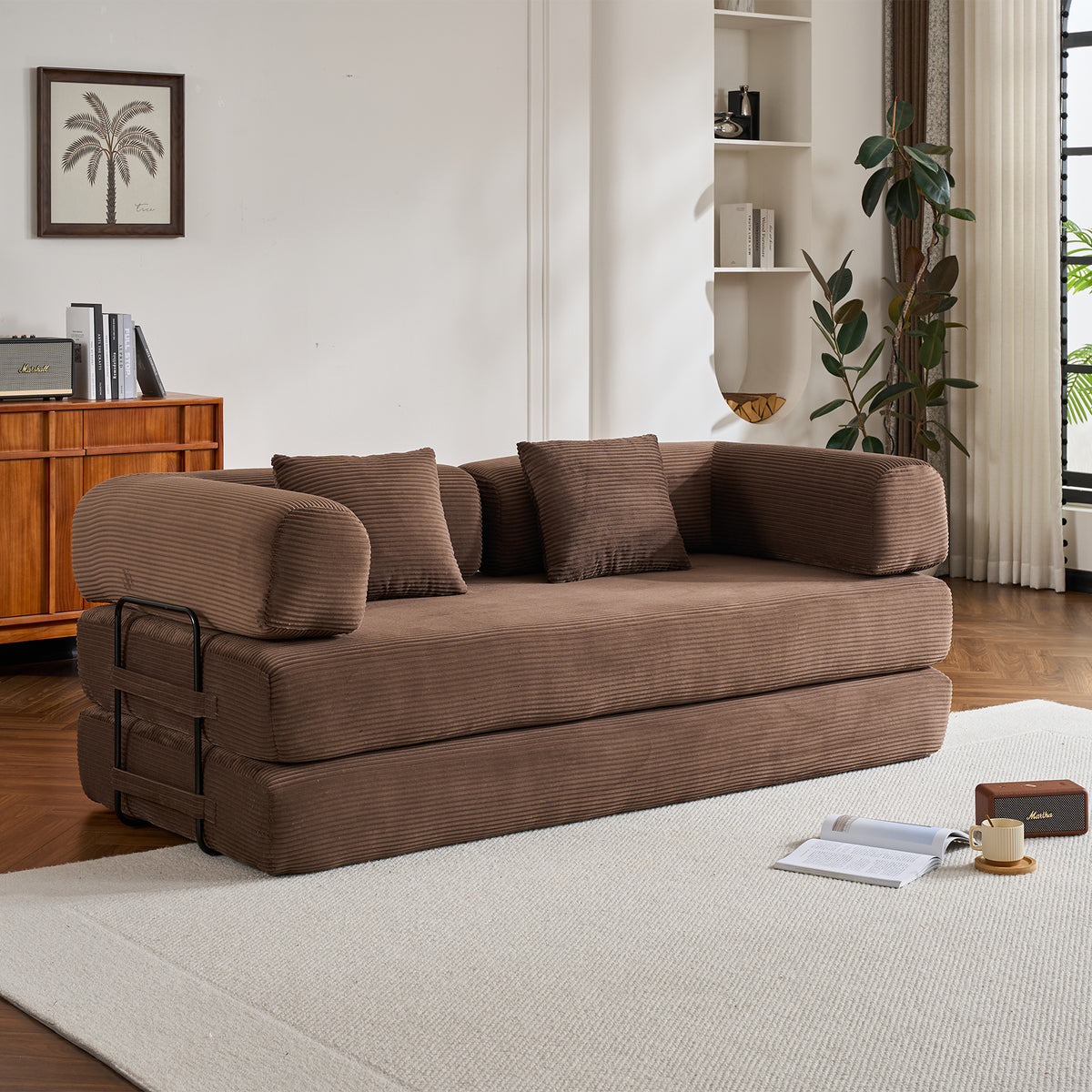 Convertible Sleeper Sofa Bed with Cylindrical Pillow, Corduroy Folding Mattress Couch with Fixed-Shape Frame, Floor Sofa Lounge Couch for Living Room Bedroom (Brown)