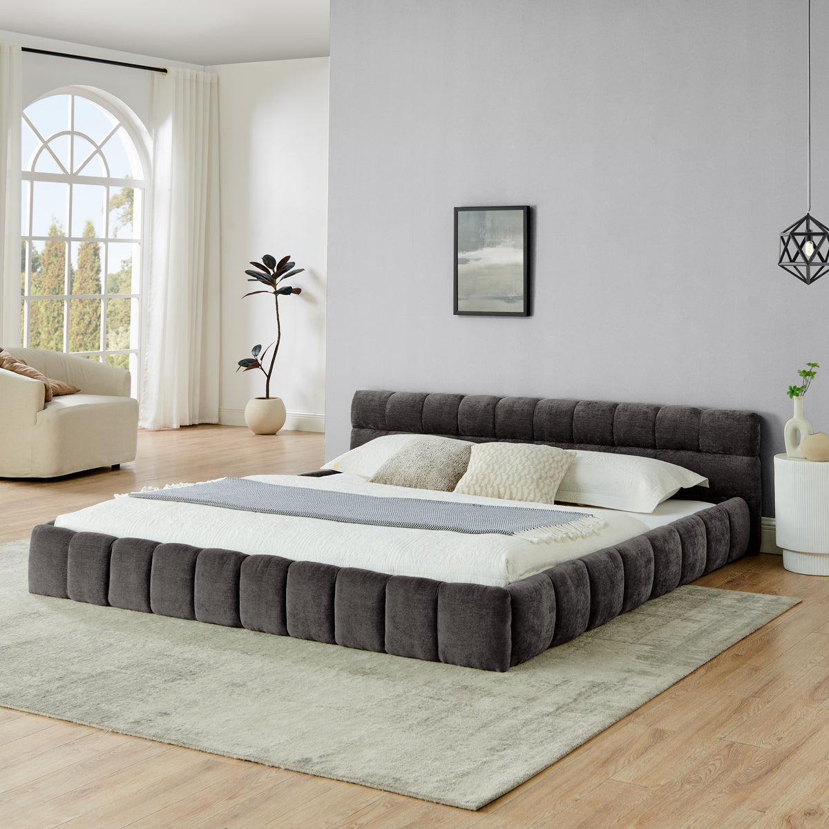King size Upholstered Bed Frame with Thick Fabric, Chenille Fabric Grounded King Size Platform Bed with Headboard and Solid Frame. No Box Spring Needed-Dark Gray(88.5''*85.5''*24'')