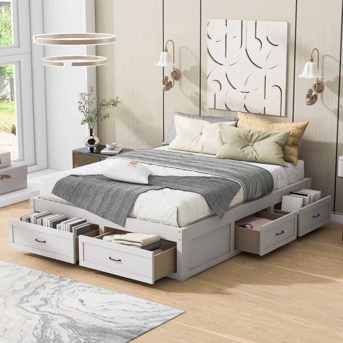 Queen Size Platform Bed with 6 Storage Drawers, Antique White(OLD SKU:N708P263022K)