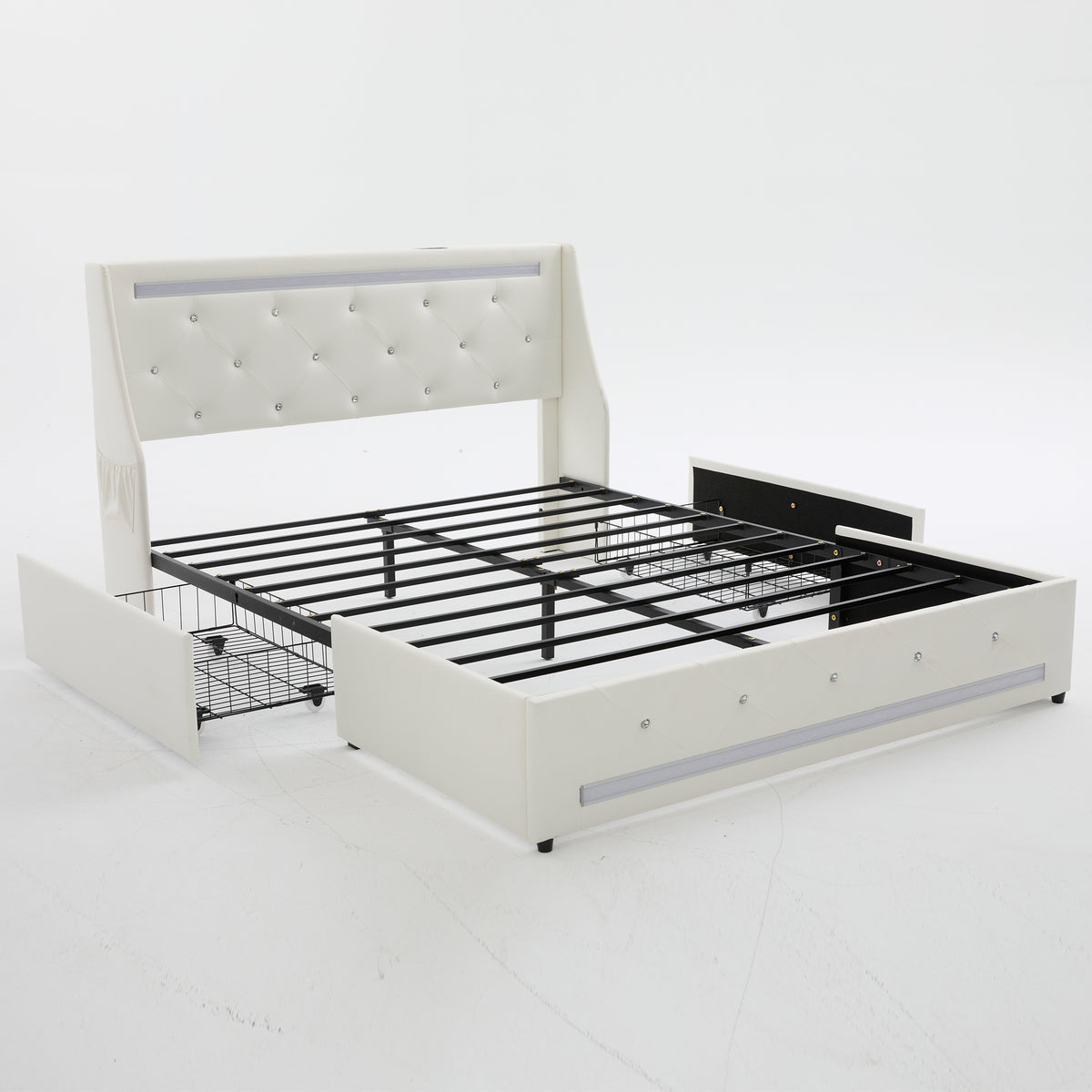 White Wingback Upholstered Diamond Headboard Full Bed Frame with LED Lights, Charging Station & 2 Storage Drawers, Metal Slats Support, Noise-Free Assembly
