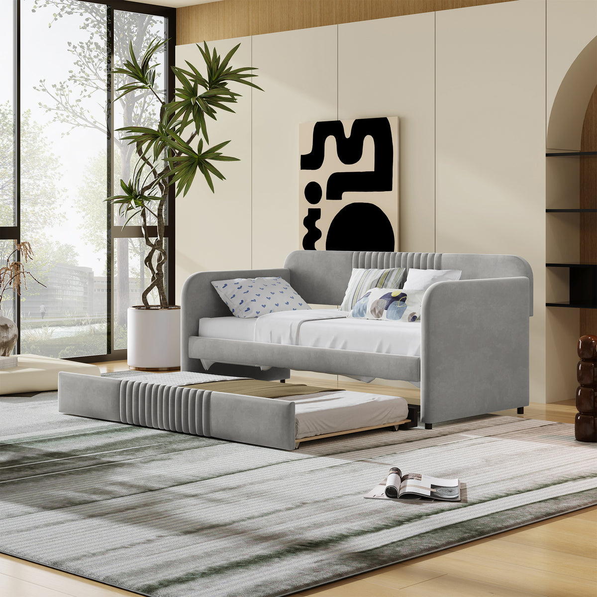 Upholstered Daybed Sofa Bed Twin Size With Trundle Bed and Wood Slat ,Gray(Old sku: LP000127AAE)