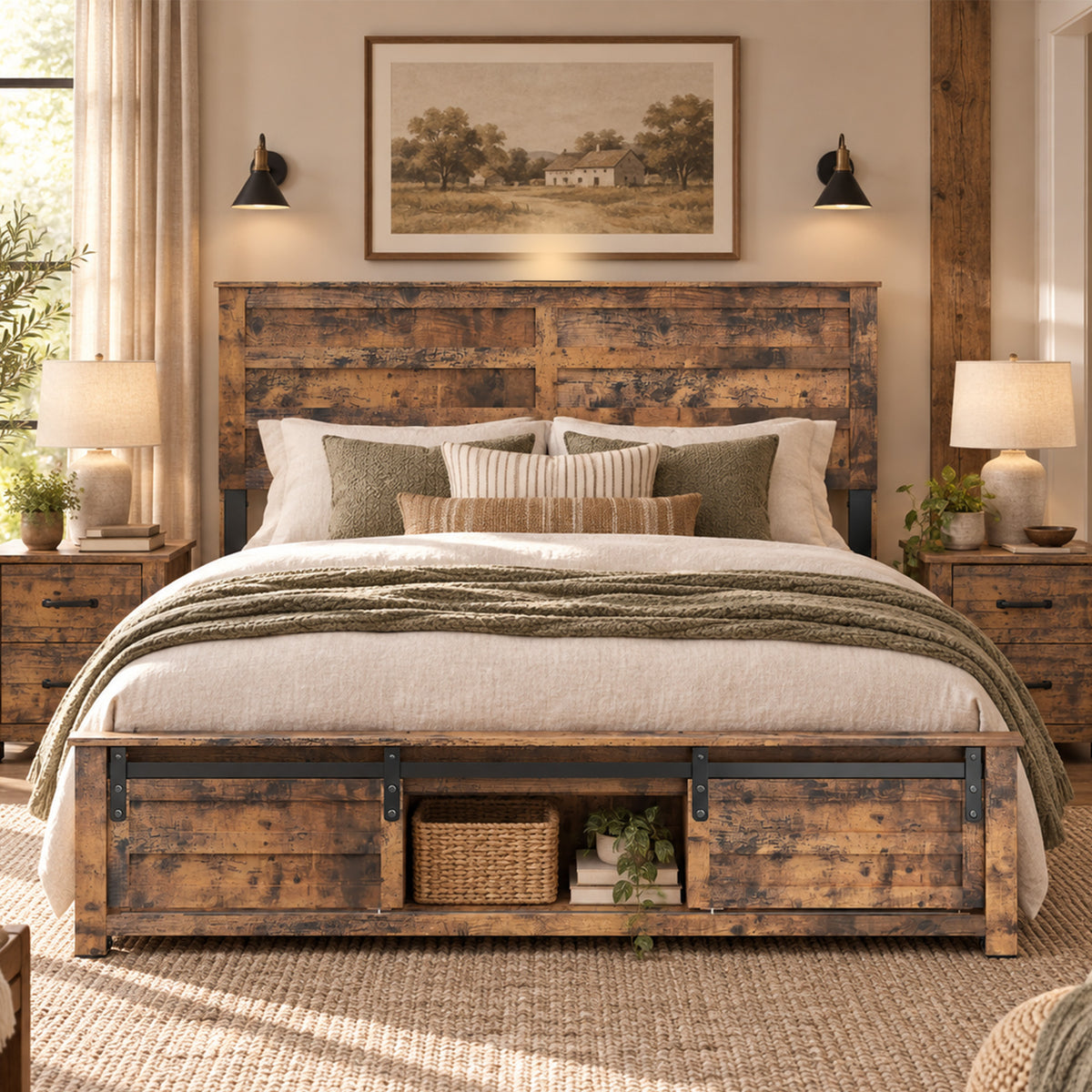 Queen Bed Frame with Upholstered Headboard and Wood Platform,Storage Headboard with Charging Station and LED, Bed Frame with Pet Bed,No Noise, No Box Spring Needed,Easy Assembly,Antique Brown