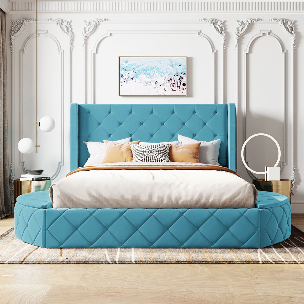 Upholstered Platform Bed Queen Size Storage Velvet Bed with Wingback Headboard and 1 Big Drawer,2 Side Storage Stool(Blue)(Old sku: LP100815AAC)