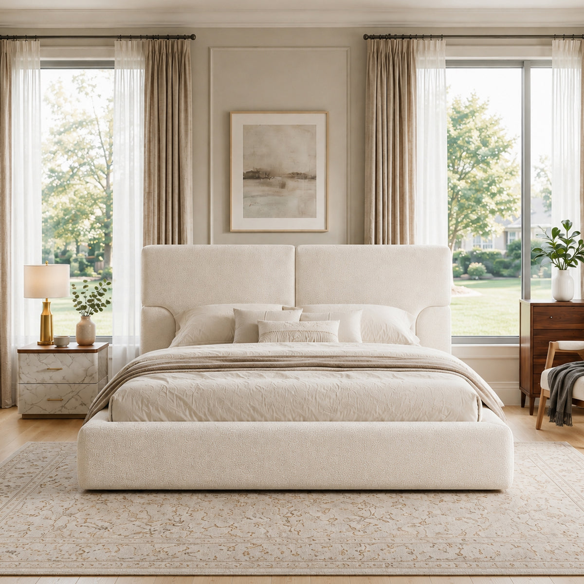 Queen Platform Bed Frame with Padded Textured Fabric Headboard, Modern Low Profile Metal Foundation, No Box Spring Required, Sturdy Reinforced Iron Frame, Quick Assembly, Squeak Free, Cream White