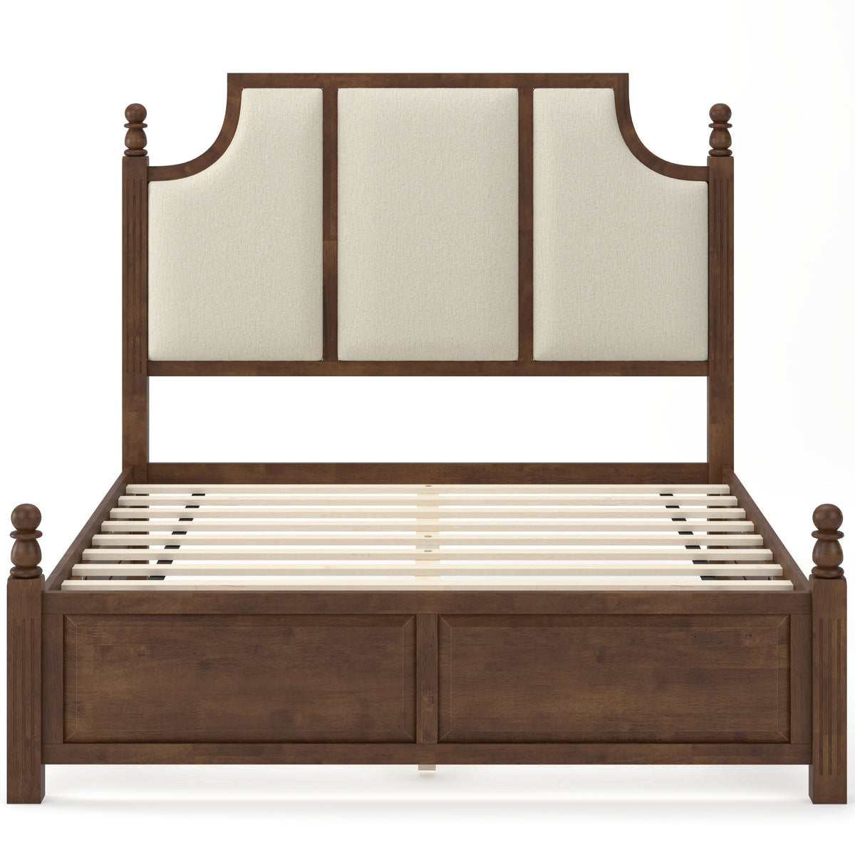 Queen Size Farmhouse Solid Wood Platform Bed Frame with 50.8' Tall Beige Linen Upholstered Headboard, Decorative Turned Bed Posts, No Box Spring Needed, Walnut