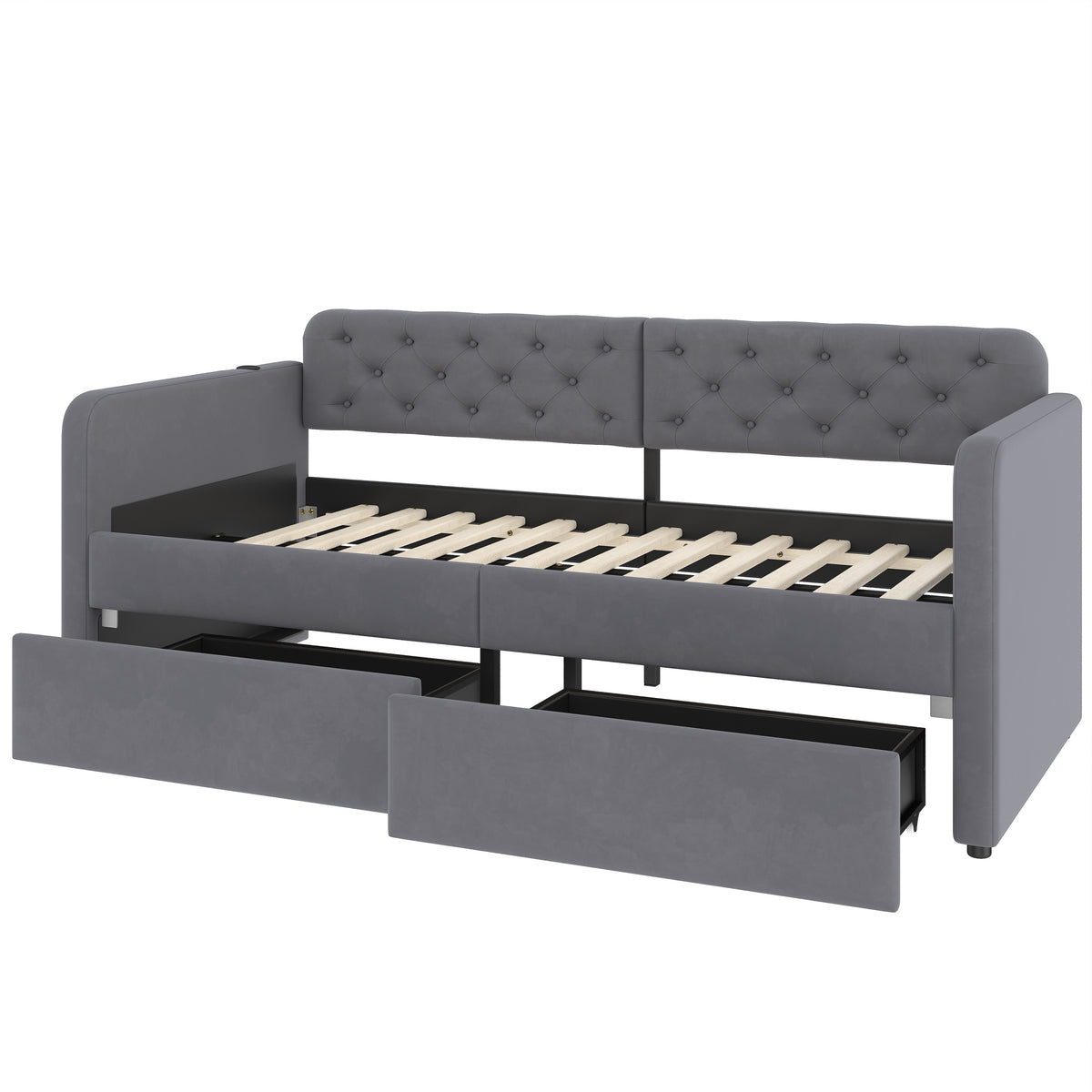 Twin Size Upholstered Daybed with 2 Storage Drawers and USB Charging Design, Velvet Upholstered Daybed Frame, Twin Sofa Bed for Living Room Bedroom, No Box Spring Needed,Plush Velvet Fabric