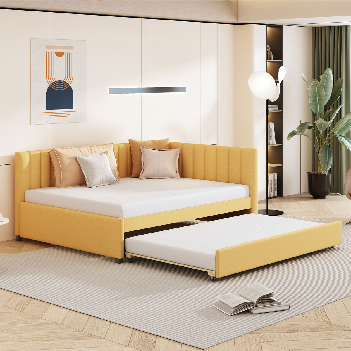 Full Size Upholstered Daybed with Trundle Sofa Bed Frame No Box Spring Needed, Linen Fabric(Yellow)(OLD SKU:LP000173AAL
)