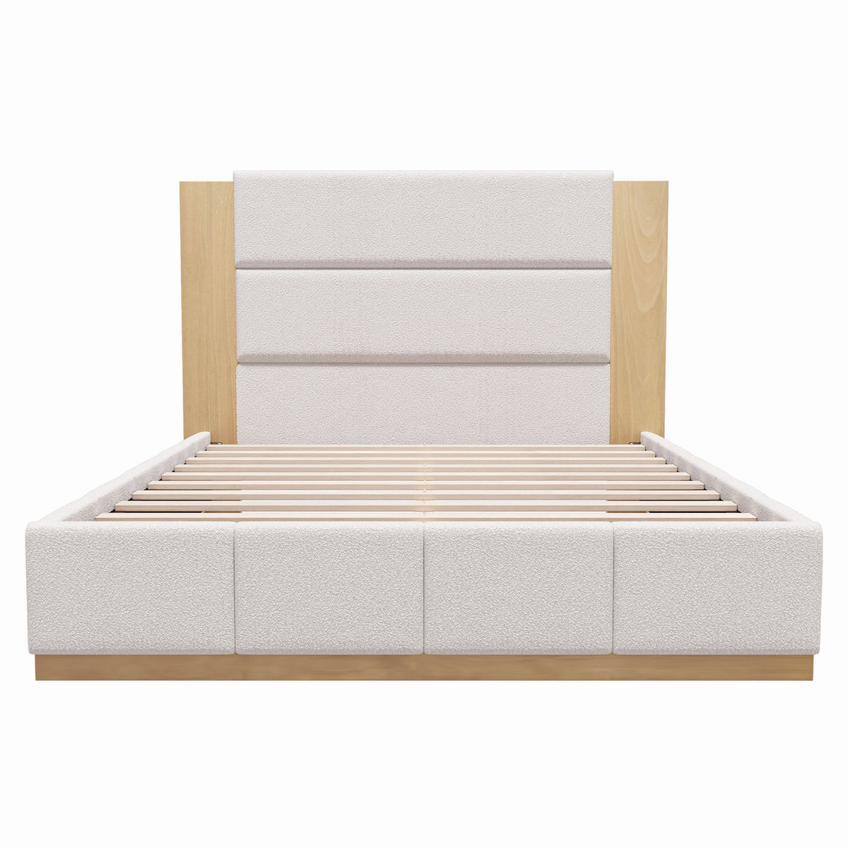 Modern Upholstered Platform Bed Frame with Extended Wood Headboard, White Boucle, Queen Size, Wood Base, No Box Spring Needed