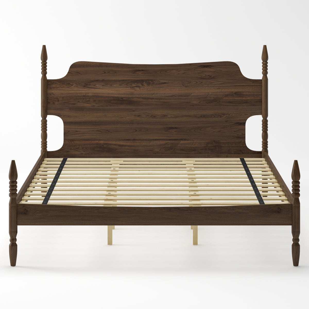Retro Four Poster King Size Platform Bed Frame with Curved Tall Headboard, Spindle Bed, No Box Spring Needed, Walnut