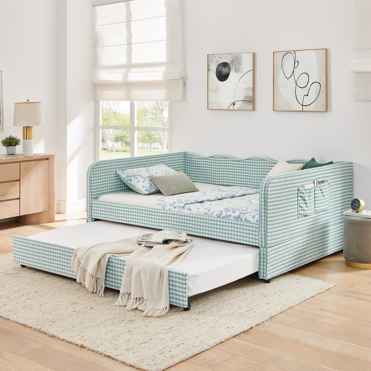 Full‑Size Daybed, Gingham Upholstered 3‑in‑1 Versatile Convertible Sofa Bed with Pull‑Out Trundle & Side Storage Pockets, Ideal for Multiple Room Layouts and Small‑Space Living-CYAN
