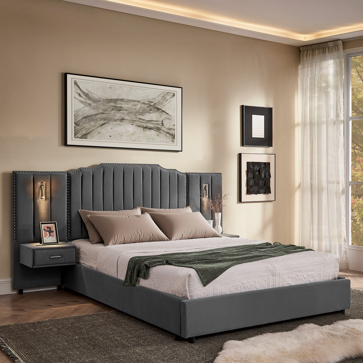 Queen Size Upholstered Bed Frame with Velvet Fabric, Vertical Stripe Design with Buttons Around Platform Bed with Headboard, Solid Frame & Bedside Table - No Box Spring Needed-Gray