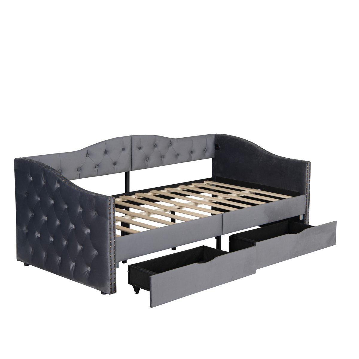Full Size Boucle Bed Frame, Upholstered Cloud Bed Frame with Headboard, with 2 Storage Drawers and 2 USB Charging Design, Solid Wood Legs and Slats, No Box Spring Needed,Grey