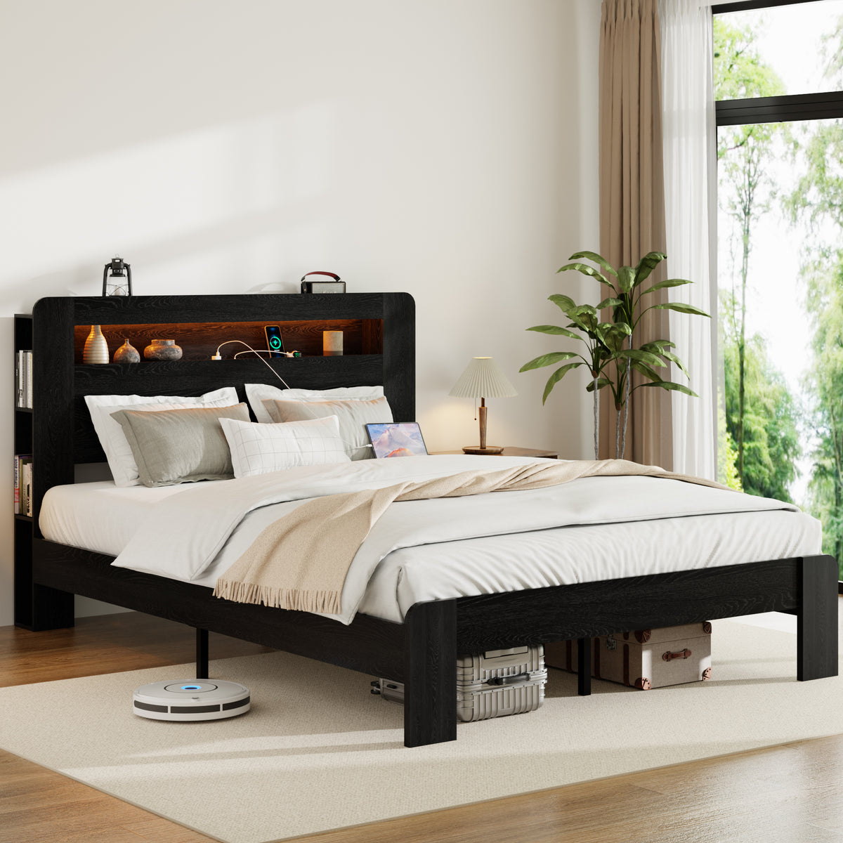 Bed Frame Queen Size, Wood Platform Bed Frame with Storage LED Light Headboard and 2 USB , Noise Free,No Box Spring Needed and Easy Assembly Tool,Large Under Bed Storage,Dark Black