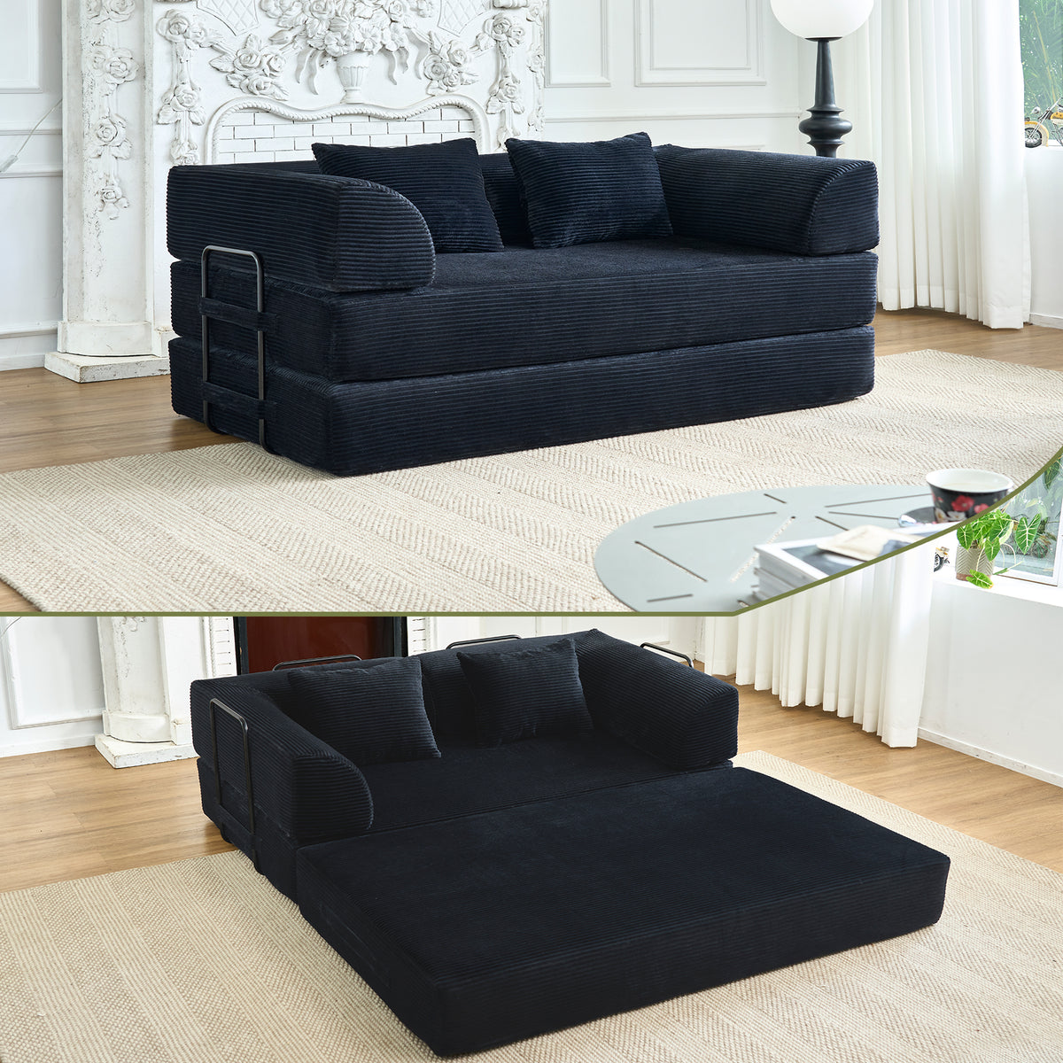 Convertible Sleeper Sofa Bed, Corduroy Folding Mattress Couch with Fixed-Shape Frame, Floor Sofa Lounge Couch Boneless Sofa for Living Room Bedroom, Black