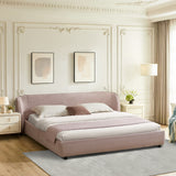 King Size Boucle Fabric Upholstered Bed Frame, Luxury Curved Wing‑Back Large Headboard, Sturdy Solid Frame Platform Bed for Bedroom, Mattress Not Included-Pink