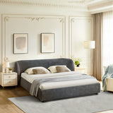 Queen Size Boucle Fabric Upholstered Bed Frame, Luxury Curved Wing‑Back Large Headboard, Sturdy Solid Frame Platform Bed for Bedroom, Mattress Not Included-Dark Gray