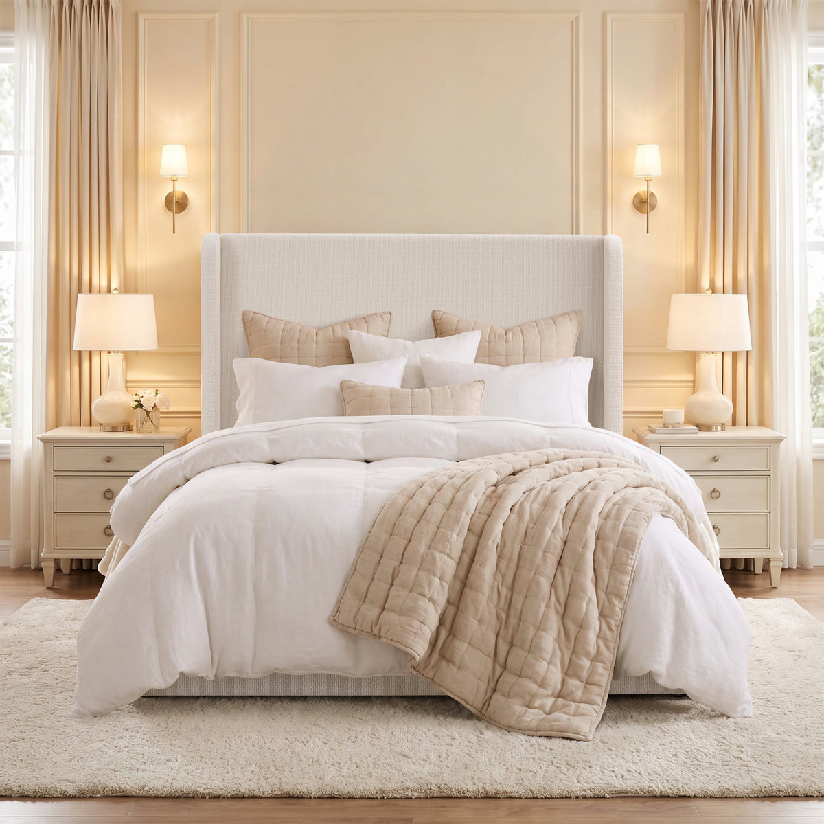 Via Upholstered Wingback Bed / Upholstered Platform Bed Frame / 53.54' High Headboard / Simplicity / Minimalist / No Box Spring Needed / Easy Assembly / Queen/ Cream White Boucle  / No Noise