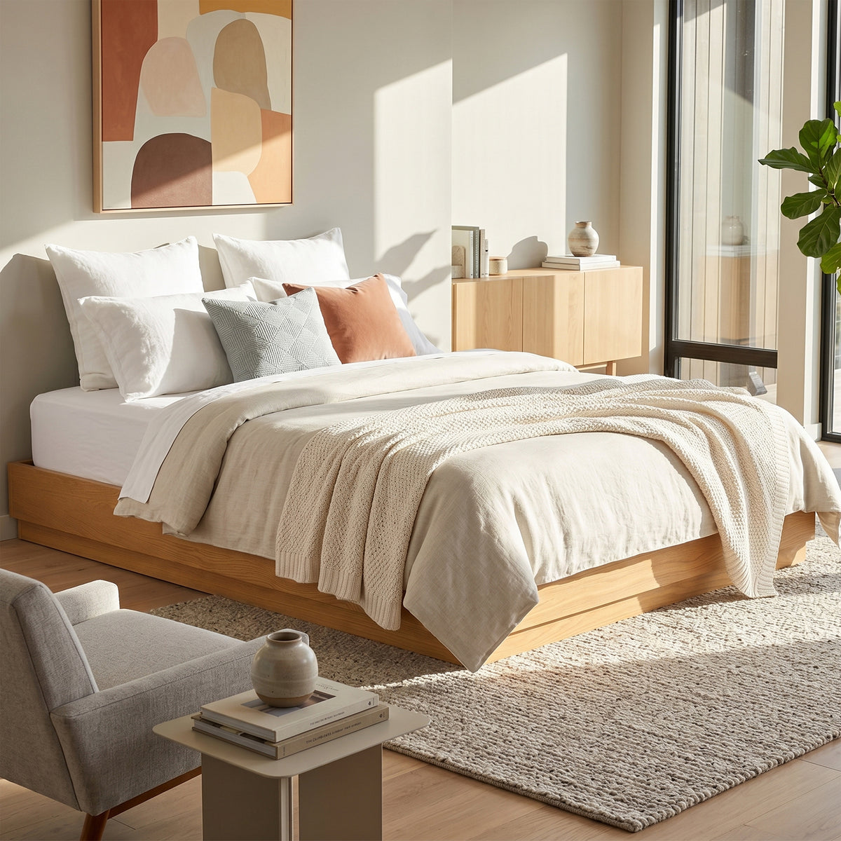 King Size Modern Low Profile Platform Bed Frame with Wood Slat Support, Walnut
