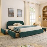 Queen Size Upholstered Bed Frame Modern Minimalist Style - Circle Yarn Fabric, Tall Curved Headboard, Sturdy Leg Support & Wheeled Drawer Storage, Mattress Not Included -Green