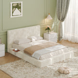 Queen Size Cloud Bed Frame with Sliding Side Shelves, Soft Plush Upholstered Platform Bed with Padded Headboard, Low Profile Bed Frame with Thick Cushioned Edges, Cream White.
