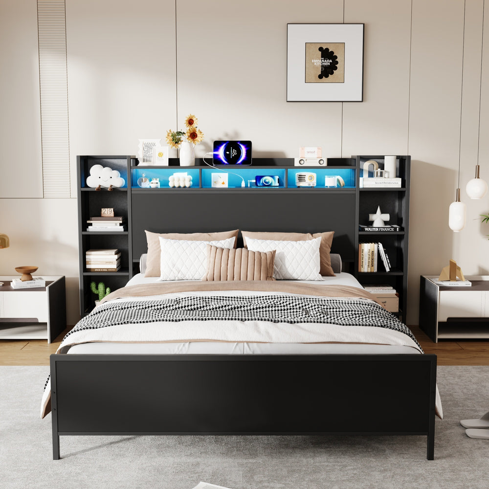 Twin Size Bed Frame with USB Charging Station, Storage Headboard and with Led Light, Heavy Duty Metal Platform Bed Frame, No Box Spring Needed, Black