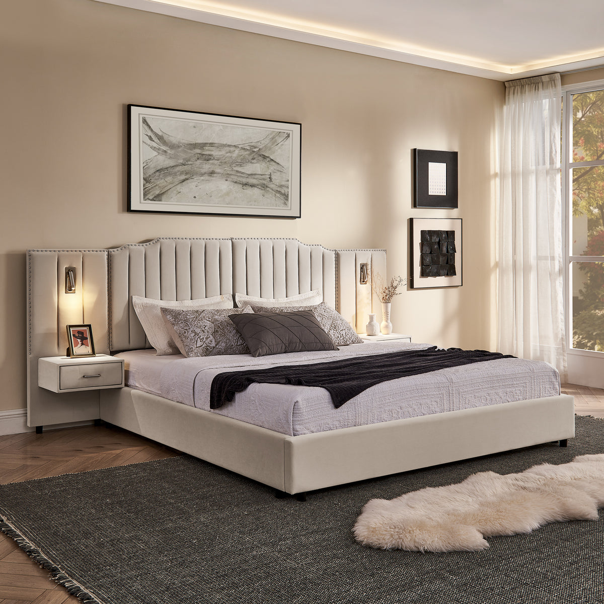 King Size Upholstered Bed Frame with Velvet Fabric, Vertical Stripe Design with Buttons Around King Size Platform Bed with Headboard, Solid Frame & Bedside Table - No Box Spring Needed-Beige