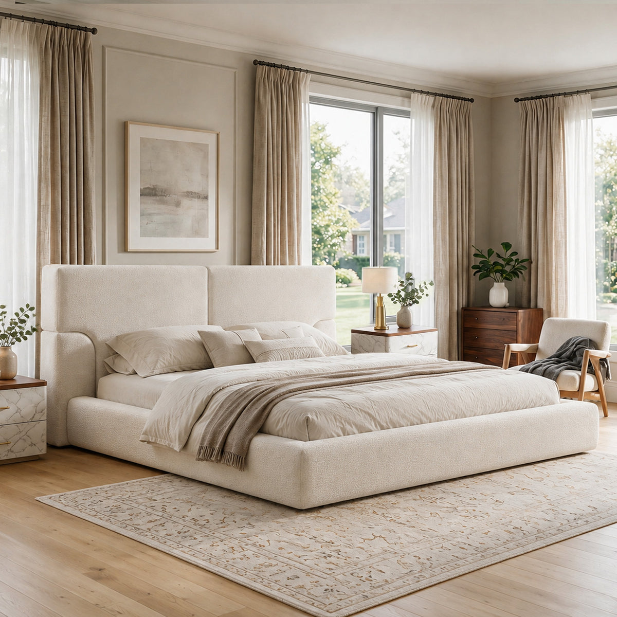 King Platform Bed Frame with Padded Textured Fabric Headboard, Modern Low Profile Metal Foundation, No Box Spring Required, Sturdy Reinforced Iron Frame, Quick Assembly, Squeak Free, Cream White