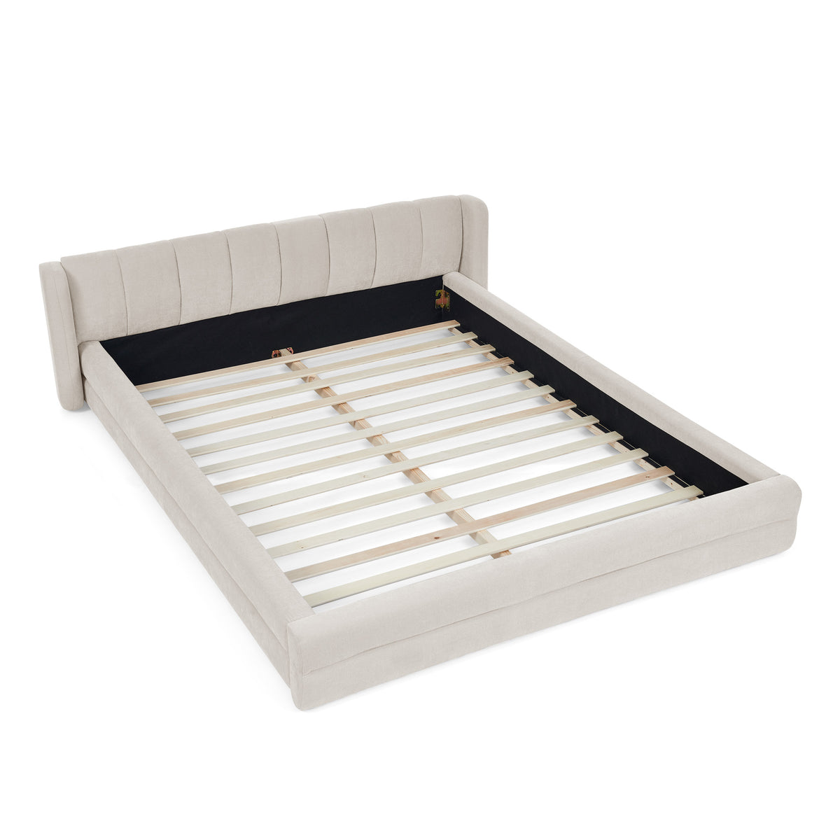 Modern Queen Size Upholstered Bed Frame with Thick Chenille Fabric and Headboard - Beige