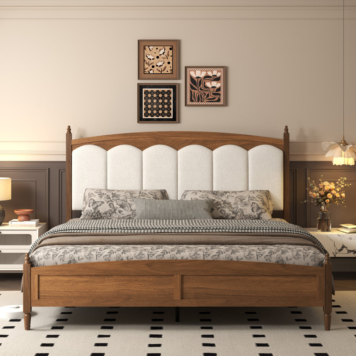 King Size Platform Bed Frame with Upholstered Headboard, Mid-Century Style, Brown