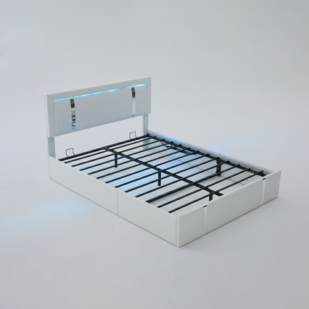 Modern White Faux Leather Upholstered Platform Bed Frame with Adjustable LED Lights, USB-C Charging Ports, Hydraulic Support, Metal Slats, Full Size