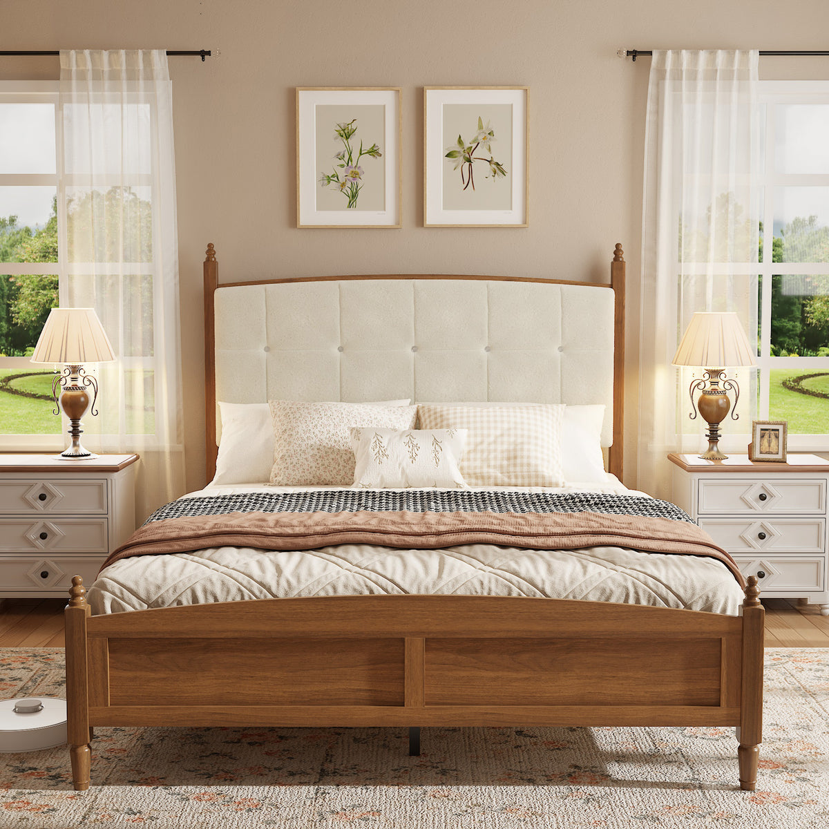 Queen Size Bed Frame In Walnut Finish, Vintage Spindle-Style Platform Bed Supported