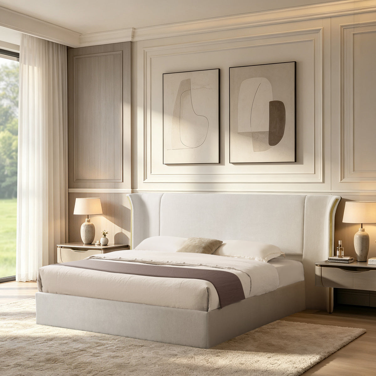 Queen Size Luxury Wing‑Back Upholstered Bed Frame, High Large Padded Headboard, Soft Chenille Fabric, Sturdy Solid Frame for Bedroom, Mattress Not Included-Beige
