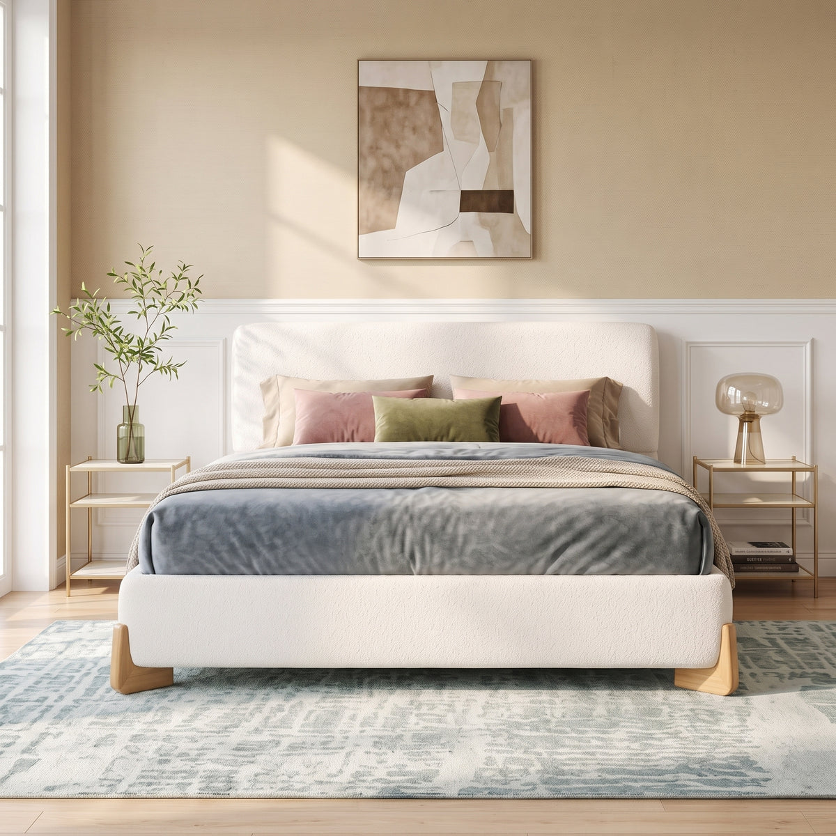 Elegant Boucle Upholstered Bed, A Luxurious and Comfortable Bedroom Centerpiece, Queen Size, White