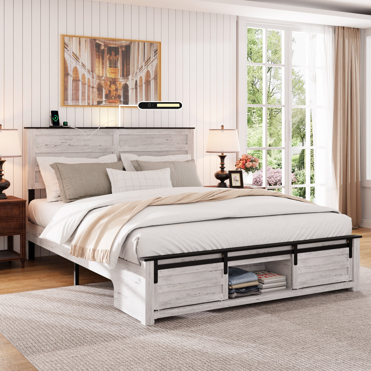 Full Bed Frame with Upholstered Headboard and Wood Platform,Storage Headboard with Charging Station and LED,  Bed Frame with Pet Bed,No Noise, No Box Spring Needed,Easy Assembly,Antique White