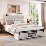 Full Bed Frame with Upholstered Headboard and Wood Platform,Storage Headboard with Charging Station and LED,  Bed Frame with Pet Bed,No Noise, No Box Spring Needed,Easy Assembly,Antique White