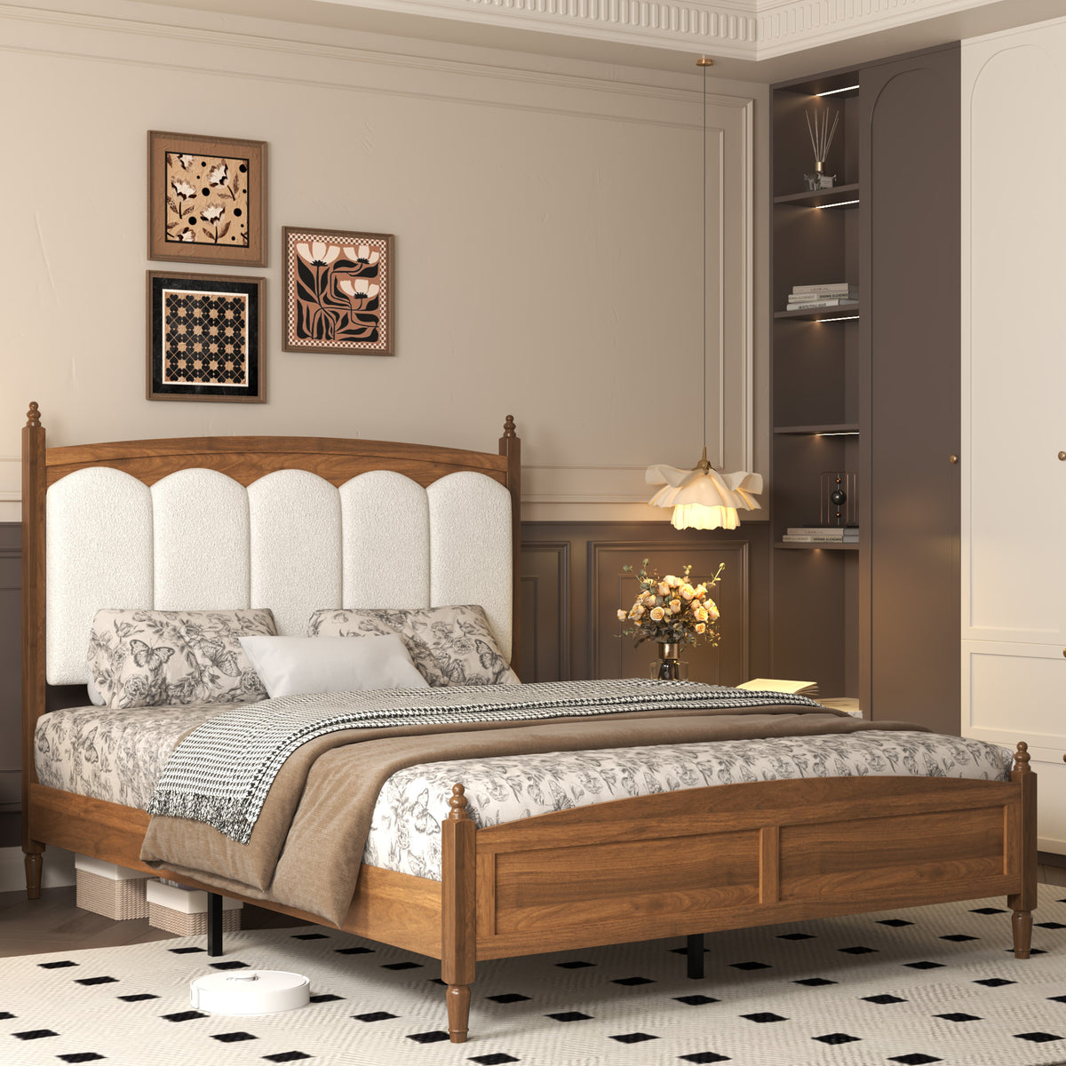 Queen Size Platform Bed Frame with Upholstered Headboard, Mid-Century Style, Brown