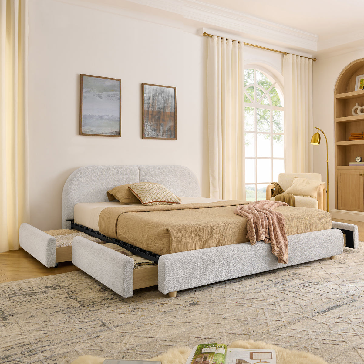Queen Size Upholstered Bed Frame Modern Minimalist Style - Circle Yarn Fabric, Tall Curved Headboard, Sturdy Leg Support & Wheeled Drawer Storage, Mattress Not Included -Beige