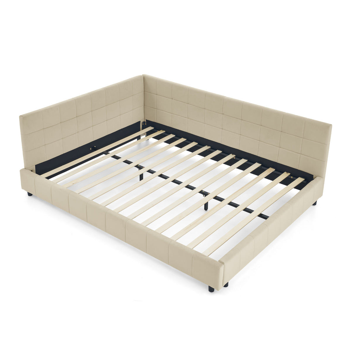 Mid-Century Upholstered Tufted Queen Bed Frame with Backrest and Armrests in Beige Velvet