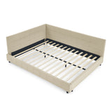 Mid-Century Upholstered Tufted Queen Bed Frame with Backrest and Armrests in Beige Velvet