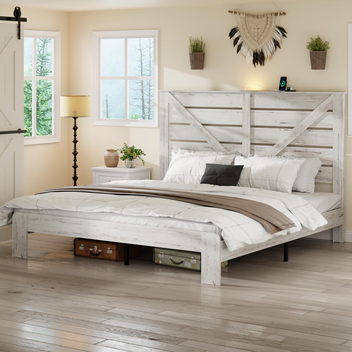 King Bed Frame Headboard , Wood Platform Bed Frame , Noise Free,No Box Spring Needed and Easy Assembly Tool,Large Under Bed Storage,White